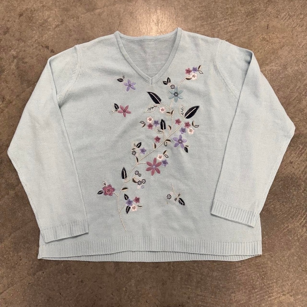 Vintage Blue Floral Sweater Embroidered Girlie V-Neck Indie Boho Pullover Large